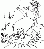 coloring picture of Bugs Bunny crushes Sam with a big bag